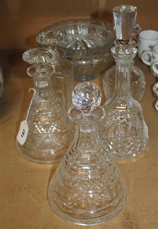 Pair of cut glass ships decanters and sundry glassware